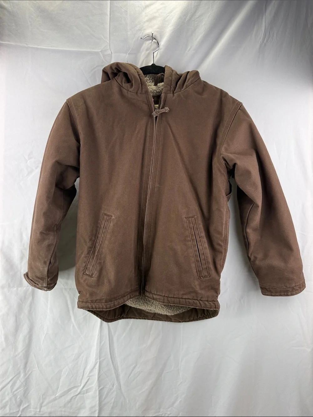 Blue Mountain Kid’s Size Medium 10-12 Brown Hooded Sherpa-Lined 3 Pocket Jacket